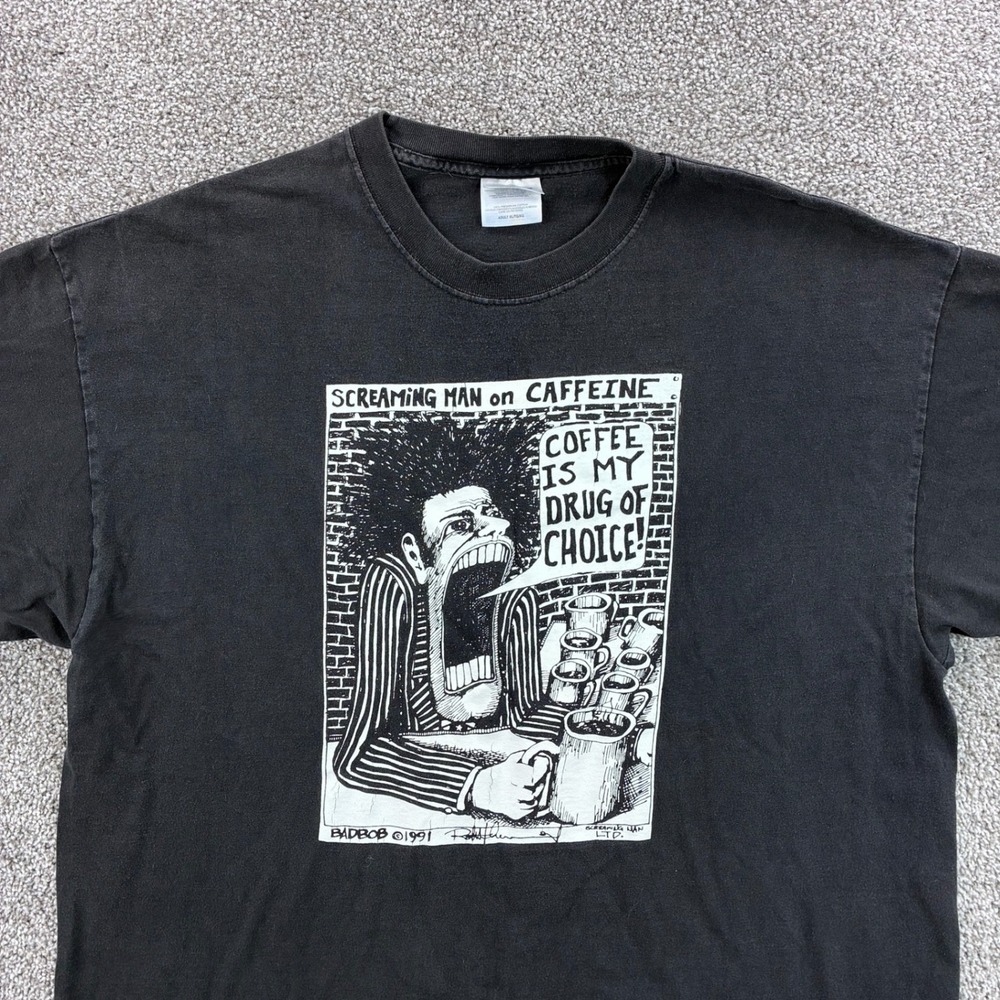 Vintage Screaming Man Caffeine Bad Bob Shirt Mens XL Black Coffee Art 1991 - Picture 2 of 6